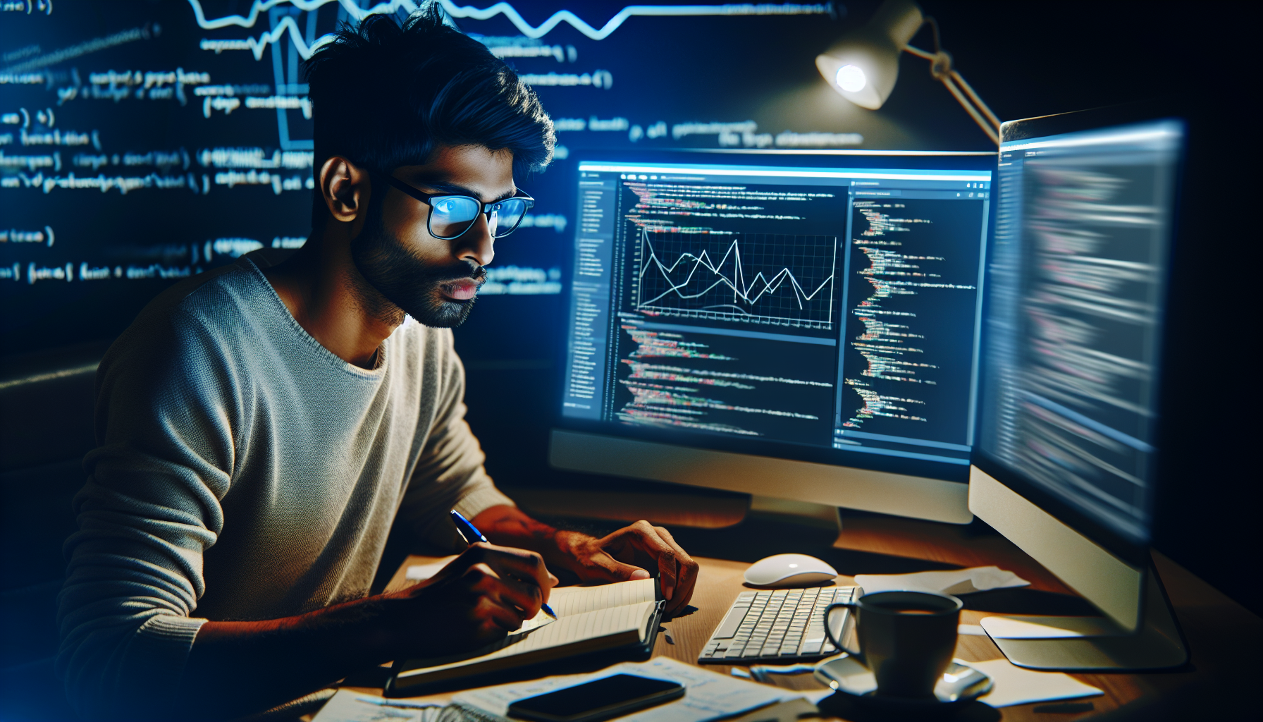 Un développeur WordPress travaillant sur un écran avec des graphiques et des codes